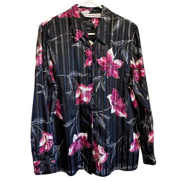 Vintage Womens Top Black Floral Sheer by Alfred Dunner - Size 14 - Picture 1 of 8